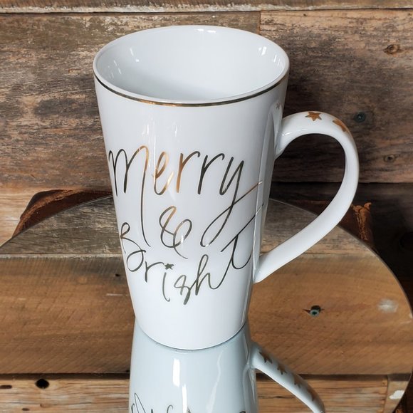 Prima Design Merry & Bright Latte Mug - White Glazed Ceramic - Gold Trim - Picture 6 of 6